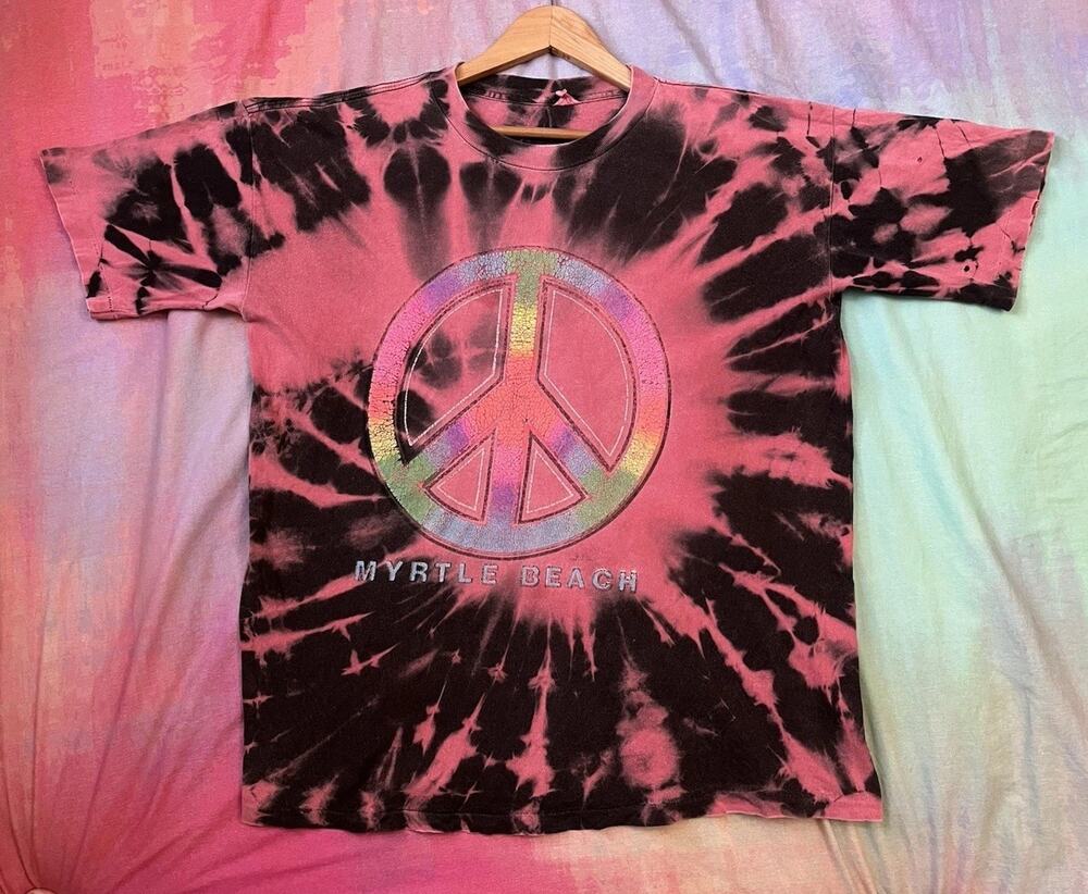 Vintage 90s Distressed Tie Dye Peace Sign T Shirt Single stitch Hippie Sz XL